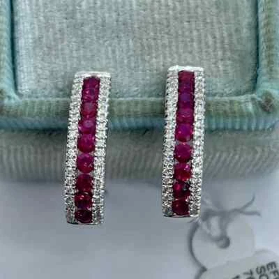 2Ct Round Cut Lab Created Pink Ruby Hoop Clip On Earrings 14K White Gold Plated - Image 1 of 4