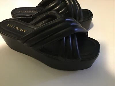 Sandalia Liliana Negra Plataforma 2.5" Mujer Talla 8.5 Imitación Cuero Nueva Foto 1 de 4