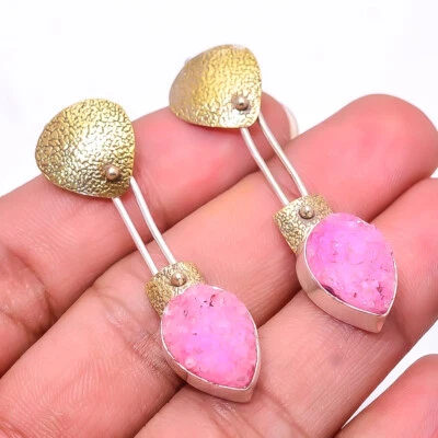Pendiente Drusy Cuarzo Rosa - India Plata de Ley 925 Dos Tonos 1.76" E928618866 Foto 1 de 3