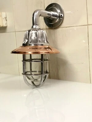 Nautical Aluminum Wall Sconce Cage Bulkhead Light – Light Fixture & Copper Shade - Image 1 of 4