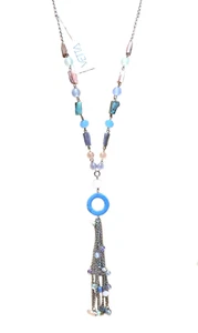 NWT Vetta Abalone MOP Sea Glass Y Drop Pendant Necklace Pastel Multicolor Tassel - Picture 1 of 24