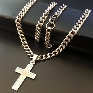Collana con croce in acciaio inox da uomo catena rosario crocifisso 70 cm rapper - Foto 1 di 6