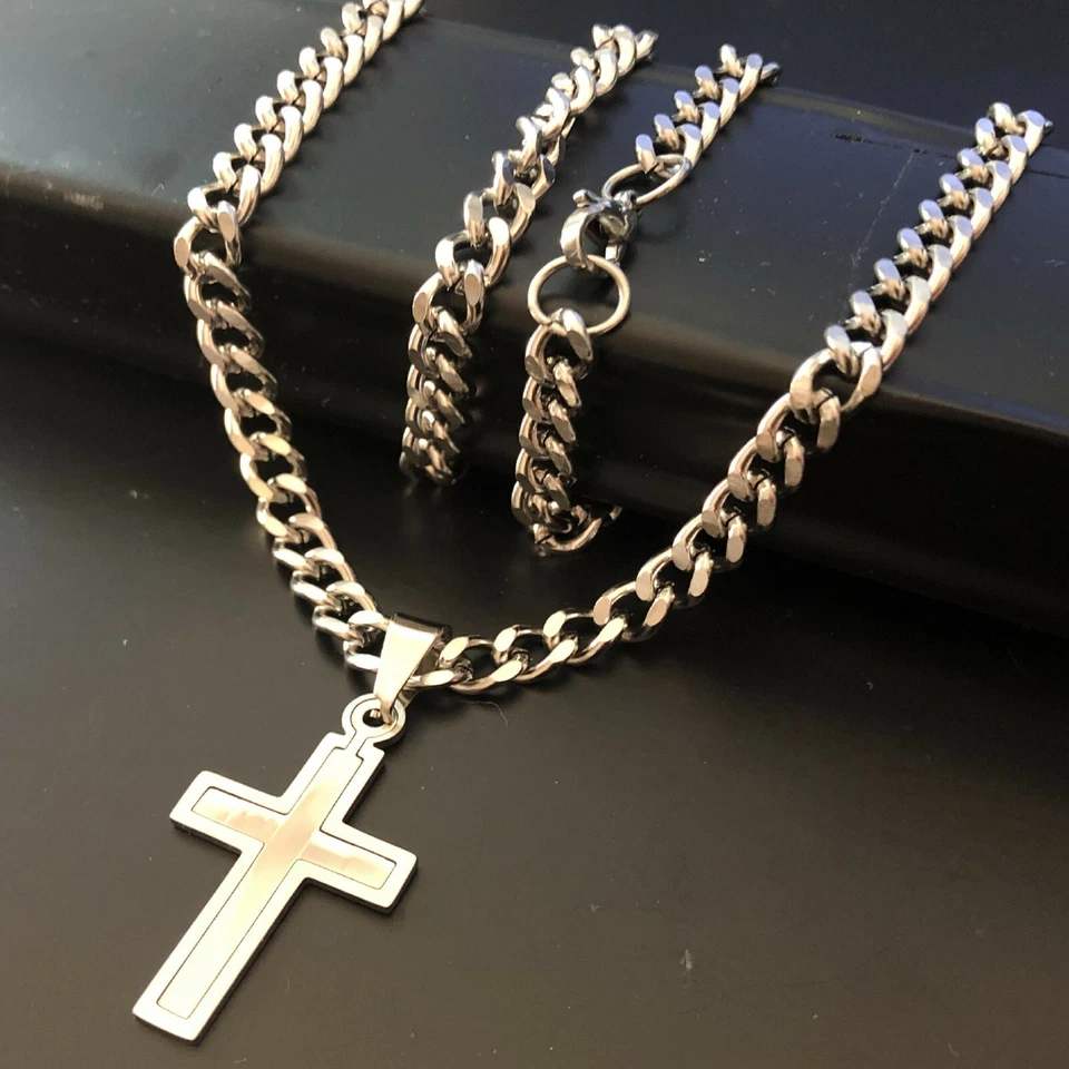 Collana con croce in acciaio inox da uomo catena rosario crocifisso 70 cm rapper - Immagine 1 di 4