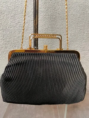 Black Pleated Satin Purse Womens Evening Bag Rhinestone Accent Handle Chain - Image 1 of 4