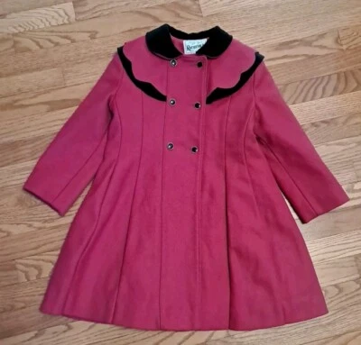 Abrigo Rothschild Lana Fucsia Púrpura Rosa Botón Negro Terciopelo Borde De Colección Niña 6X Foto 1 de 4