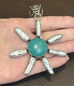 HUGE Vintage Flower Shape Pendant 925 Sterling Silver Turquoise BIWA Stick Pearl - Picture 1 of 9