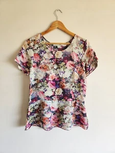 Laura Ashley Size 12 Silk Blend Floral Digital Print Blouse, Peplum Ruffle - Picture 1 of 6