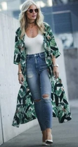 Rachel Zoe Palm Leaf Beach Cover Up Kimono Robe Duster Wrap Green Hawaiian NEW - Picture 1 of 9