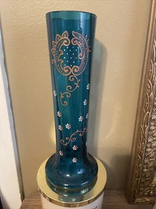 Antique French Glass Vase Gold Gilding Turquoise Floral Painted Enamel Vase - Picture 1 of 7