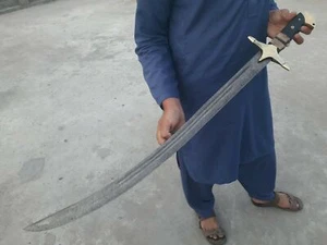 Handmade Damascus Steel Islamic Zulfiqar Sword, Shamshir With Leather Sheath. - Picture 1 of 5