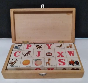 Vintage Alphabet ABC Letter Picture Building Blocks In Wooden Box Complete - Picture 1 of 10