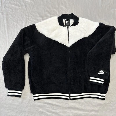 Nike Sportswear Sherpa Fleece Bomber Full Zip Jacket Black White - Image 1 of 4