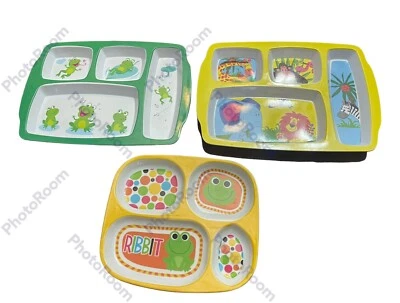 *Lote 3 pratos de plástico infantis divididos girafa, macaco, leão, zebra sapos elefantes - Imagem 1 de 4
