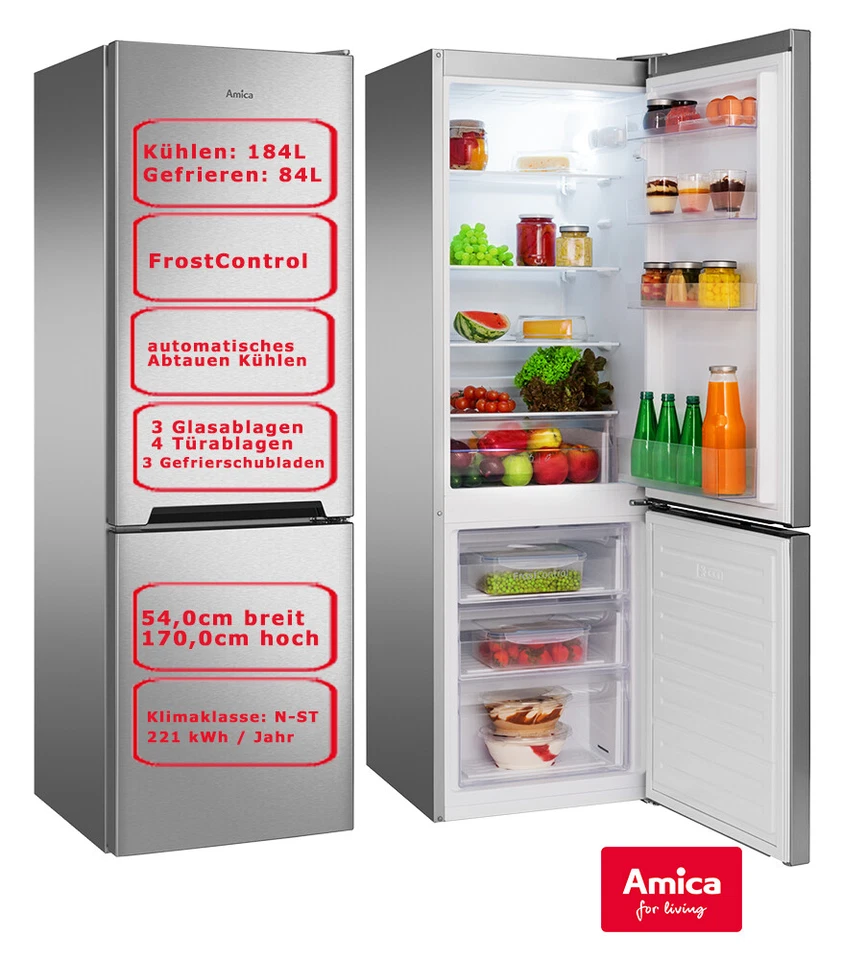 Amica Kühl-Gefrierkombination Silber 268L 170cm hoch Kühlschrank Edelstahloptik