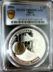PCGS PR69DCAM-Spain 2004 FIFA 10 EURO Silver Al. Perfect PF-No Post US & Israel - Picture 1 of 4