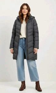 Lands End cappotto donna imbottito lungo medio trapuntato piume imbottito cappuccio zip - Foto 1 di 12