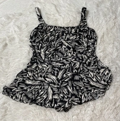 Vintage Robby Len White Black Floral One Piece Swimsuit Skirt Womens Plus 24W 24 - Image 1 of 4
