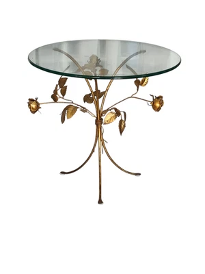 Vintage Hollywood Regency Italian Tole Gilded Floral Roses Glass Top Side Table - Image 1 of 4