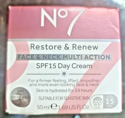 No7 Restore and Renew Face Neck Multi Action SP15 Day Cream 50ml (Brand New)