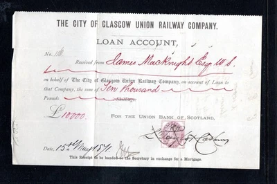 1871 City of Glasgow Union Railway Co Receipt With Victoria 1d Lilc Fiscal - Image 1 of 2