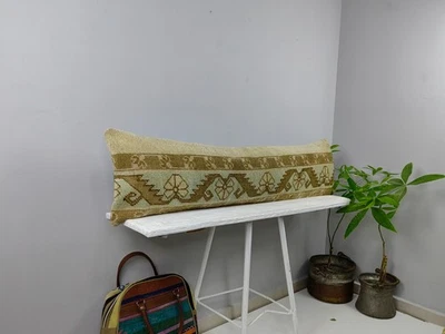 12x48 Turkish Kilim Lumbar Pillow - Neutral Long Boho Bolster Cushion Cover - Image 1 of 4