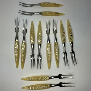Vintage Set 12 MCM Mini Cocktail Gabeln Edelstahl Vorspeise Elfenbein Gold Japan - Bild 1 von 15