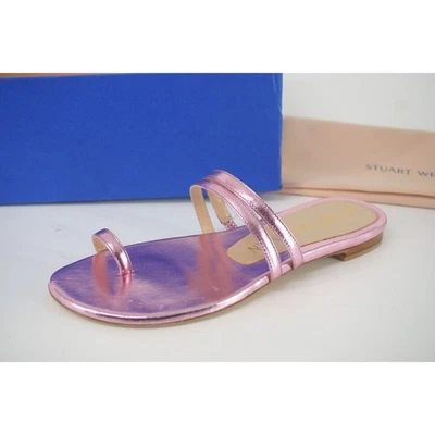 Stuart Weitzman Leonita Slide Pink Metallic Leather Sandals Size 6 New Flat $350 - Image 1 of 4