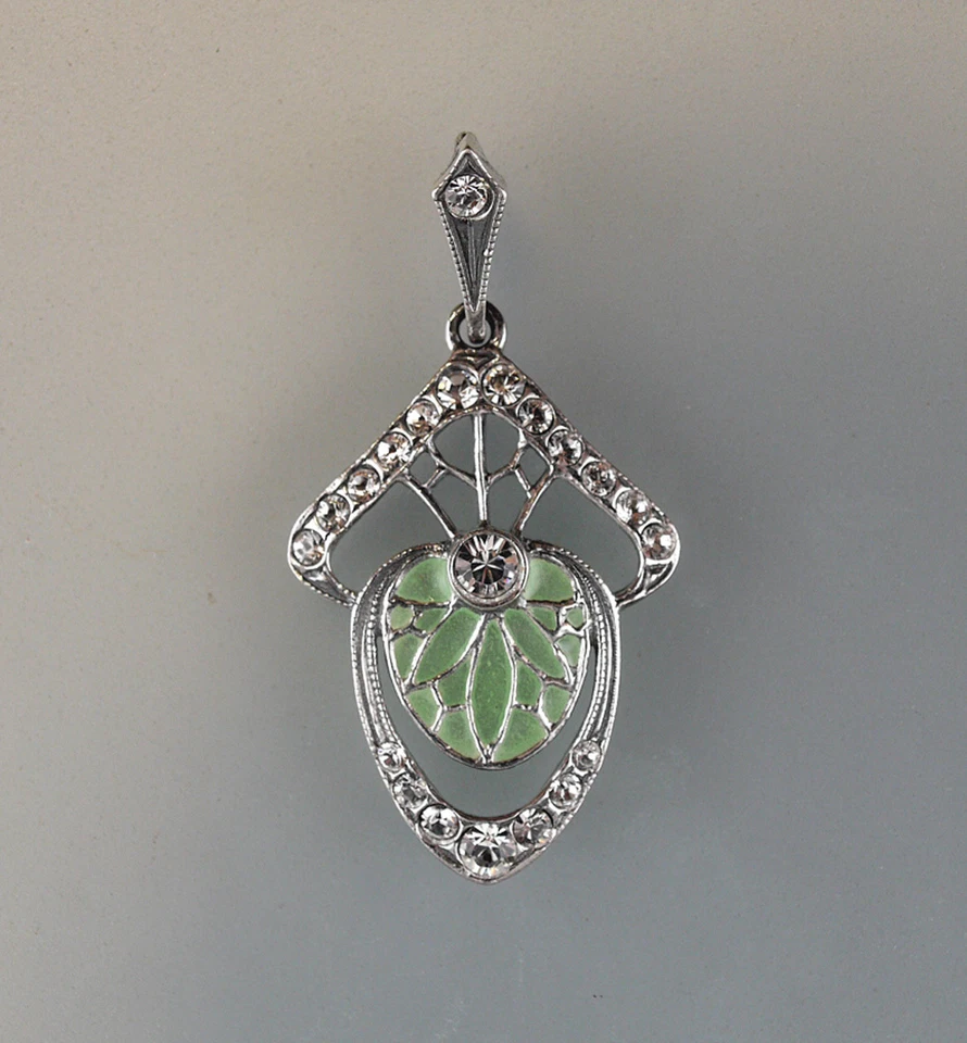 9901224 925er Argento Floreale Rimorchio Transluzid-Email Verde Smaltato 4x2cm - Immagine 1 di 1