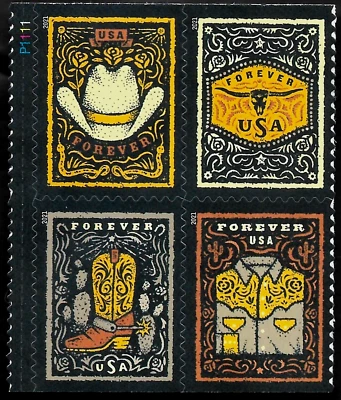 WESTERN WEAR LEATHER BOOTS HAT SCOTT #5615-5618 US FOREVER STAMP PLATE BLOCK SET - Image 1 of 2