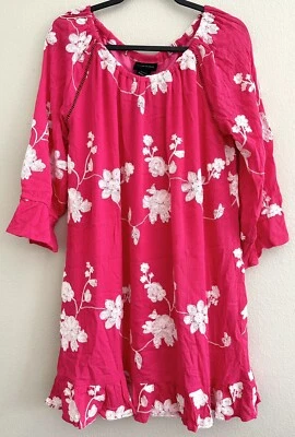 LIV Woven Boho Peasant Dress Embroidered Floral Hot Pink Fuchsia M Medium - Image 1 of 4