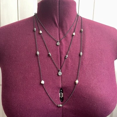 Lucky Brand Gunmetal Cultured Pearl Pave Rhinestone Station Multistrand Necklace - Image 1 of 4