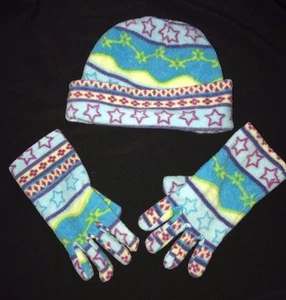 girls FLEECE HAT GLOVES SET AGES 4-6 blue purple STARS STRIPES cute WARM @@ - Picture 1 of 1