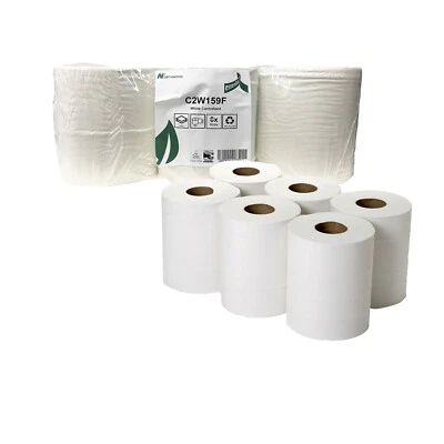 ESSENTIALS Centrefeed White Rolls 2 Ply Absorbent Eco Paper Hand Towels 150m x 190mm 6 Pack