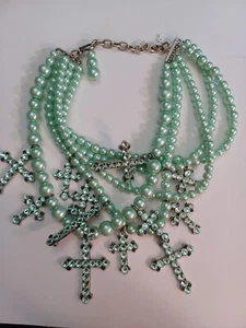 Pistachio Crystal And Bead Necklace Of Many Crosses - Picture 1 of 4