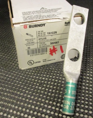 BURNDY YA1C-2N 1AWG COPPER 2-HOLE LONG BARREL COMPRESSION LUG 'SAMEDAY SHIP' - Image 1 of 4
