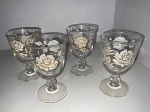 Vintage Libbey White Gold Rose Bouquet Glasses Lot of 4 - Picture 1 of 5