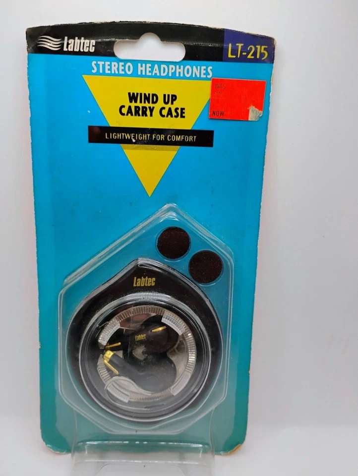 复古 1990 年代 Labtec 立体声耳机 带发条盒(耳塞)- LT-215 — 第 1/4 张图片