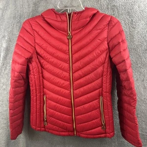 MICHAEL Kors Ladies Medium Packable Hooded Puffer Red Lightweight Jacket Zipper - Picture 1 of 15