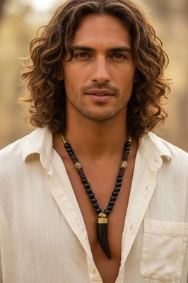 Collar colgante de cuerno tribal hecho a mano con cuentas para hombre joyería distintiva 30 pulgadas Foto 1 de 4