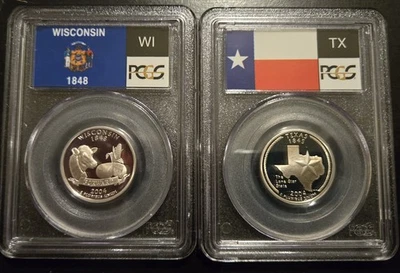 Set of TWO Silver 2004 S Quarters PCGS PR70CAM Graded WISCONSIN & TEXAS - Image 1 of 4