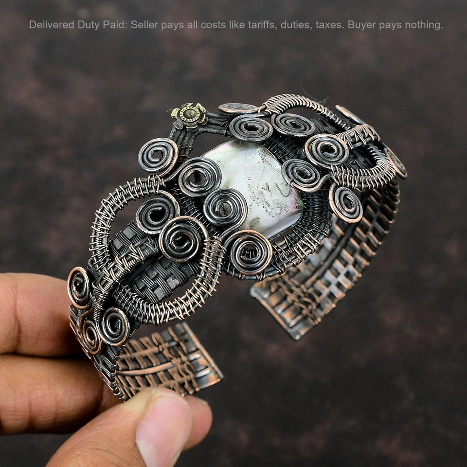 Cobre Radiante Negro Madreperla Piedra Boda Alambre Envuelto Nuevo Brazalete Joyería Foto 1 de 4