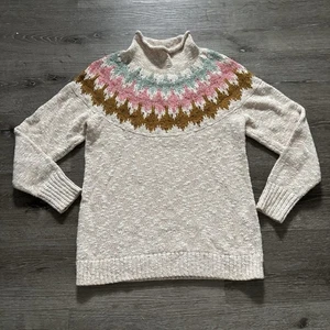 LL Bean Cotton Ragg Fair Isle Pullover Sweater Women Medium Fair Isle Funnelneck - Picture 1 of 12