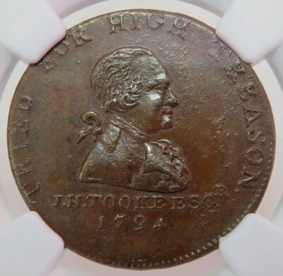 1794 GREAT BRITAIN 1/2 PENNY NGC MS 63 BN MIDDLESEX JOHN TOOK TREASON D&H-1046 - Image 1 of 3