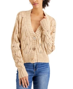 Hooked Up by Iot Juniors’ Pointelle Cardigan, Cashmere Sand, XL - Picture 1 of 1