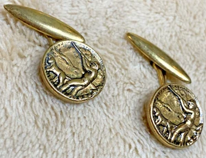 Jagdszene Manschettenknöpfe gold bronzefarben Jäger Gewehr Hund Brücke Verbindung Vintage - Bild 1 von 11