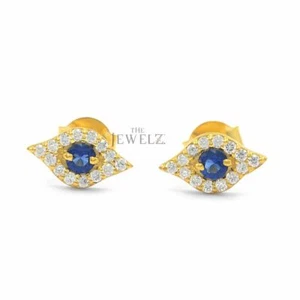 14K Gold VS/F-G Diamond And Blue Sapphire Evil Eye Earrings - The Jewelz - Picture 1 of 3