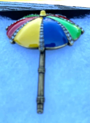 Heidi Daus Brooch Colorful Umbrella Enamel Crystals Signed Bronze Tone Statement - Image 1 of 4