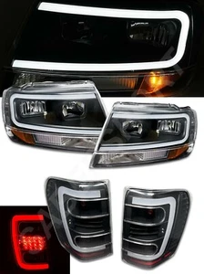 Black Headlights + Taillights w/ LED C-Bar for 1999-2004 Jeep Grand Cherokee - Picture 1 of 12