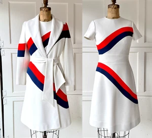 Vtg 1960s Lilli Ann Knit Dress Coat & Belt 3PC Set Mod White Red Blue Sz Small - Picture 1 of 10