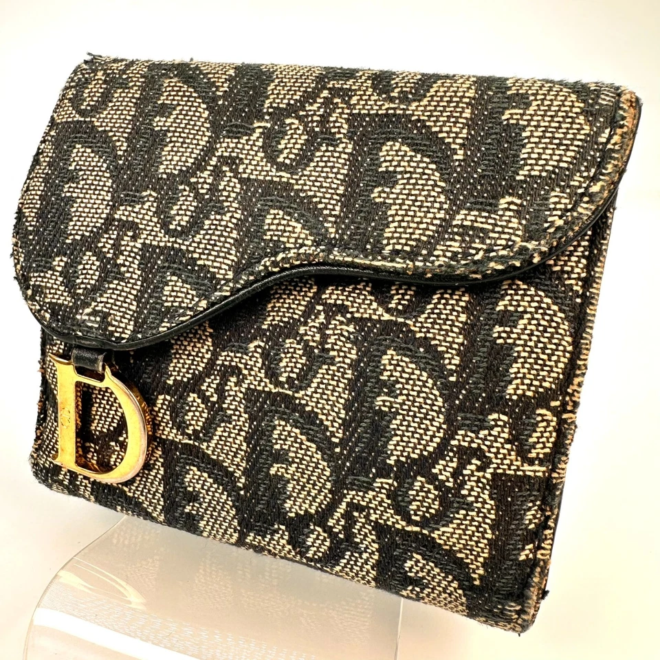 Christian Dior Trotter Patrón Plegable Cartera Azul Marino Lona Cuero Auténtico Foto 1 de 4